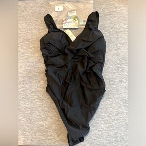 Summer Sunshine Maternity 1‎ piece black swimsuit front cross women’s L new